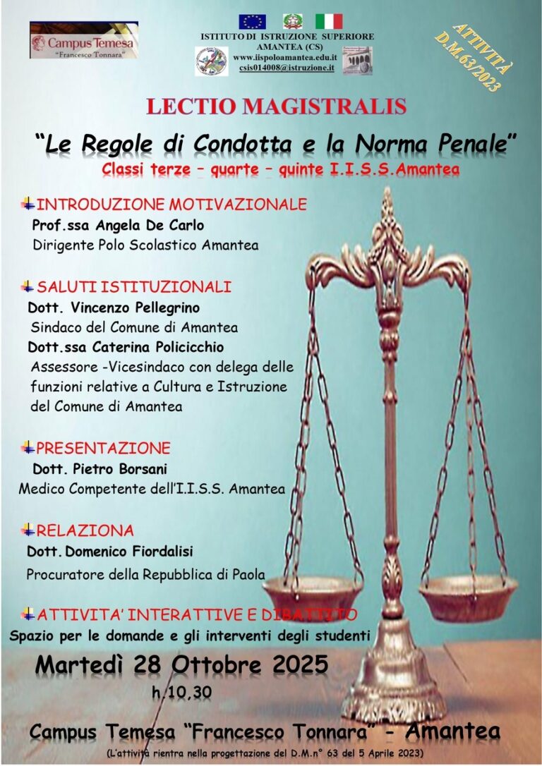Incontro con il Procuratore della Repubblica di Paola, Dott. Domenico Fiordalisi – Martedì 28 Ottobre 2025 dalle h. 10,30.  Campus Temesa Amantea