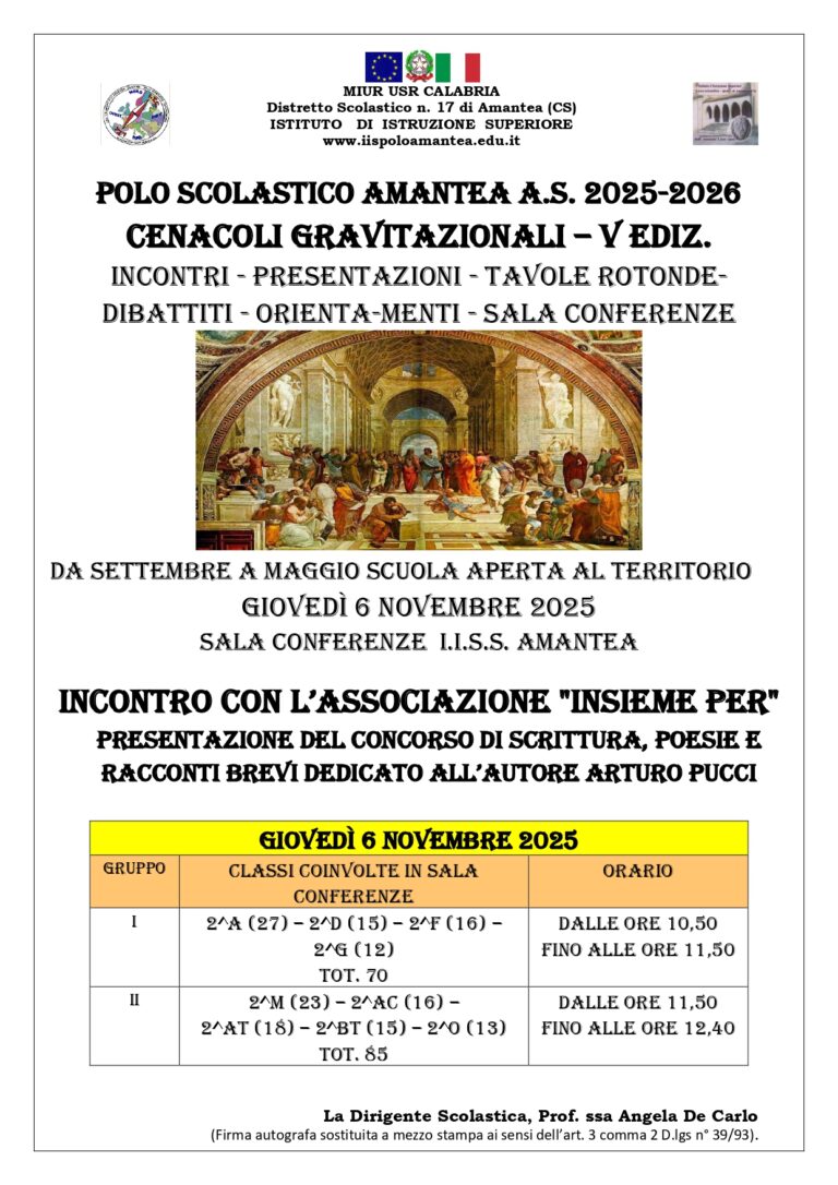 CENACOLO GRAVITAZIONALE – Incontro con l’Associazione “Insieme Per” –  Giovedì 6 Novembre 2025 dalle h. 10.50 – Sala Conferenze –  Classi seconde dell’IISS Amantea