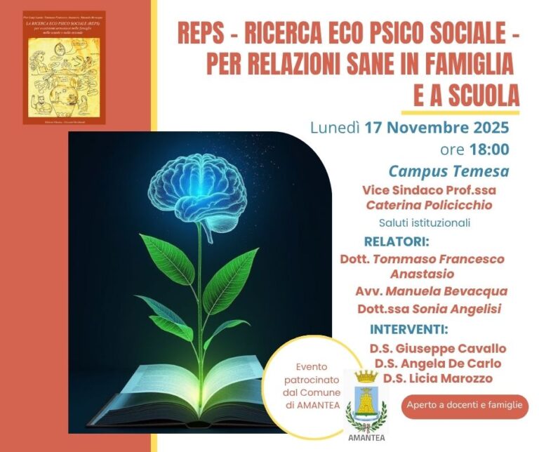 Invito evento patrocinato dal Comune di Amantea – RESP – Ricerca Eco Psico Sociale per Relazioni Sane in Famiglia e a Scuola – Lunedì 17 Novembre 2025 ore h.18,00.  Campus Temesa – Amantea.