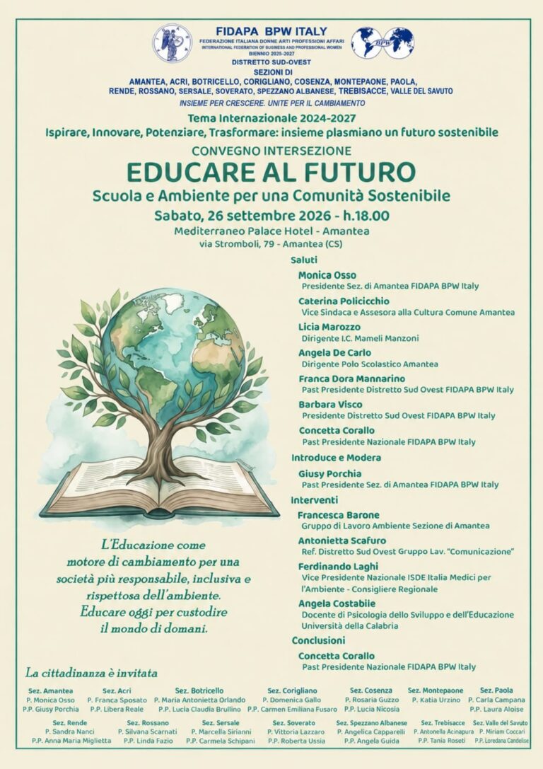 INVITO AL CONVEGNO “EDUCARE AL FUTURO – SCUOLA E AMBIENTE PER UNA COMUNITA’ SOSTENBILE” – ASSOCIAZIONE FIDAPA BPW ITALY – SABATO 26 SETTEMBRE 2026 h. 18,00 – MEDITERRANEO PALACE HOTEL –  AMANTEA (CS).