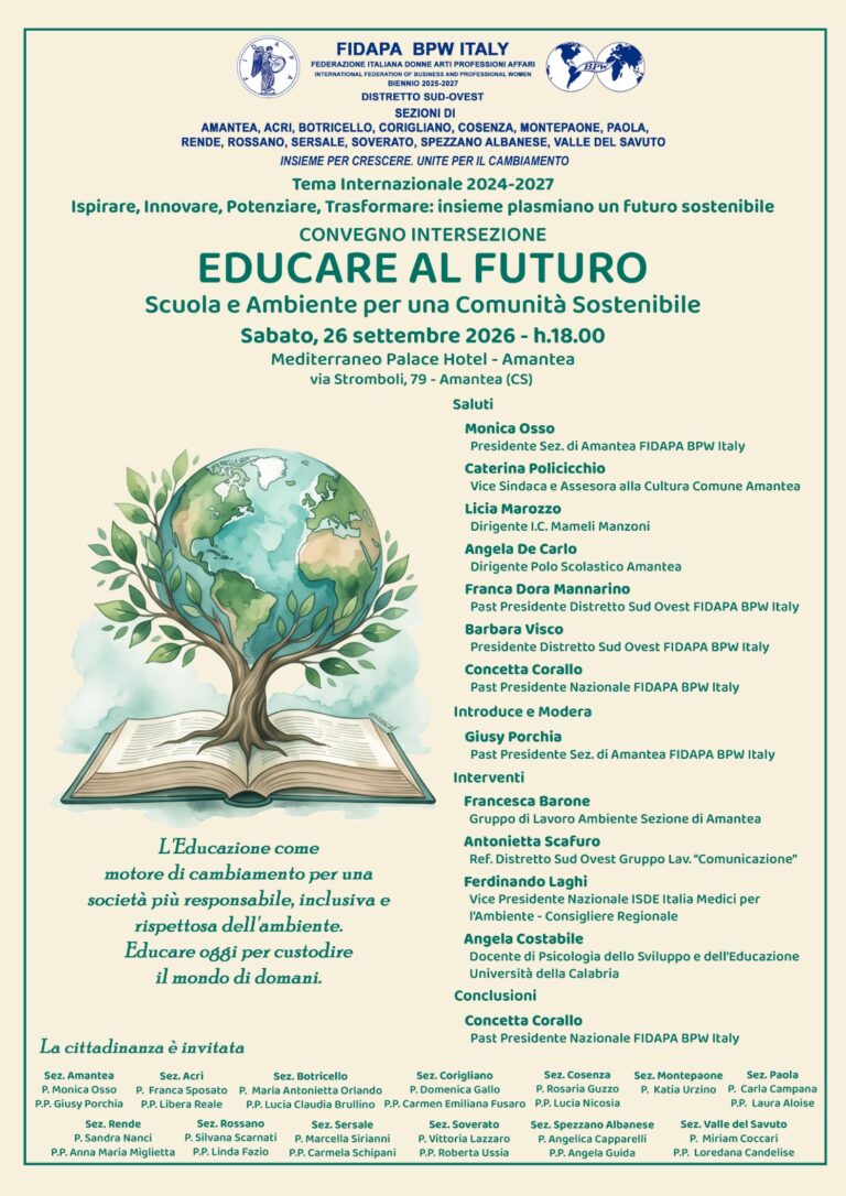 INVITO AL CONVEGNO “EDUCARE AL FUTURO – SCUOLA E AMBIENTE PER UNA COMUNITA’ SOSTENBILE” – ASSOCIAZIONE FIDAPA BPW ITALY – SABATO 26 SETTEMBRE 2026 h. 18,00 – MEDITERRANEO PALACE HOTEL –  AMANTEA (CS).