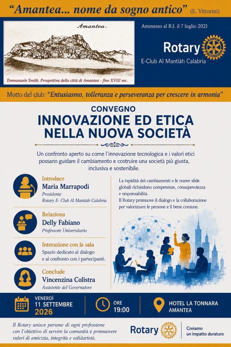 INVITO AL CONVEGNO “INNOVAZIONE ED ETICA NELLA NUOVA SOCIETÀ” – ROTARY E-CLUB AL MANTIAH CALABRIA – VENERDÌ 11 SETTEMBRE 2026 h. 19,00 – HOTEL LA TONNARA – AMANTEA (CS).