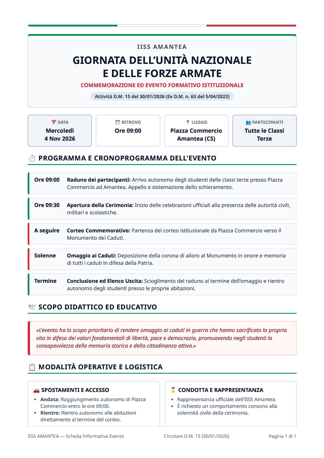 Attività D.M. n. 15 del 30/01/2026 – “4 Novembre 2026 – GIORNATA DELL’UNITÀ NAZIONALE E DELLE FORZE ARMATE” (classi terze).