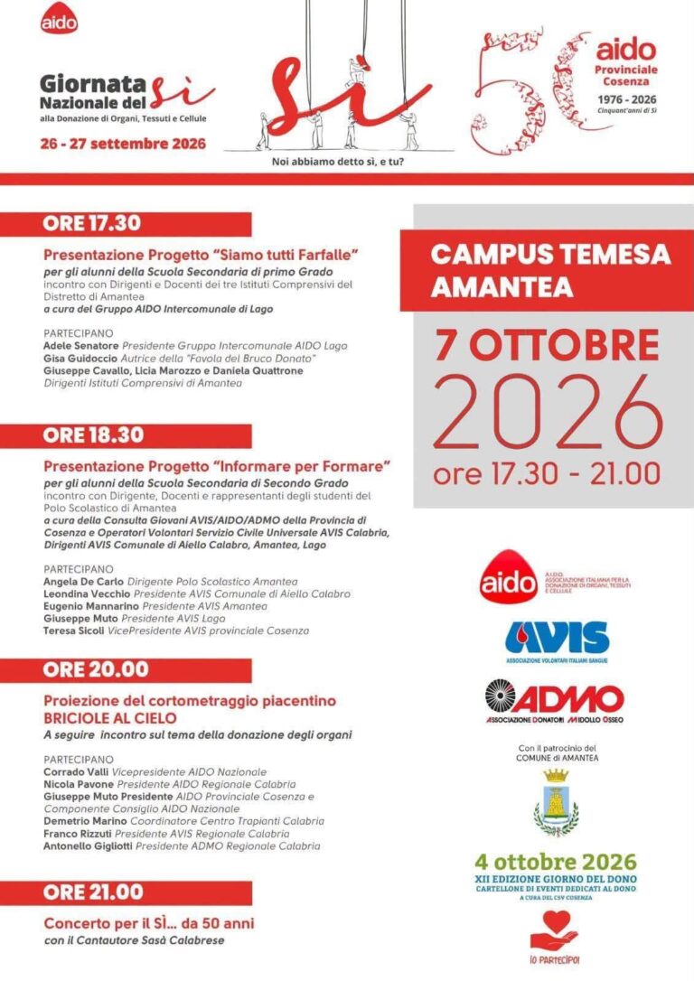 GIORNATA NAZIONALE DEL SI ALLA DONAZIONE DI ORGANI, TESSUTI E CELLULE 7 OTTOBRE 2026 Campus Temesa Amantea